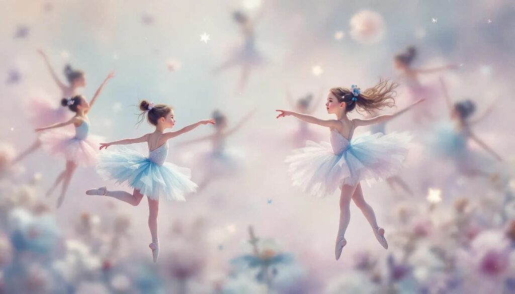 A whimsical illustration of ballet in children's literature, featuring playful characters and dance.