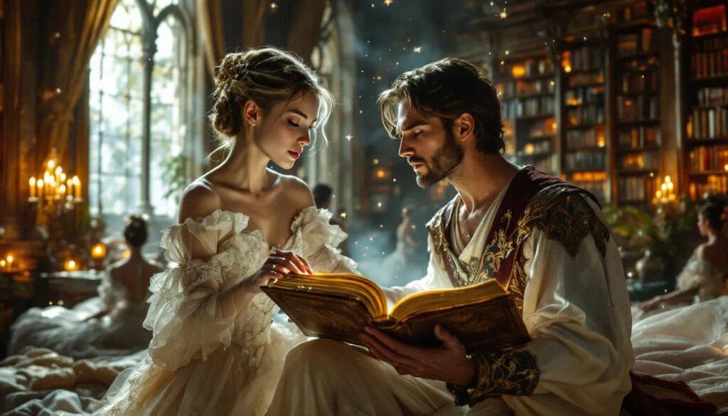 An illustration depicting the origins of ballet in literature, showcasing dancers and books.