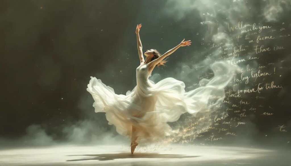 An artistic representation of ballet as a metaphor in literature, with dance and text intertwined.